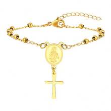 Pulsera de oro con cadena de cuentas espaciadoras de acero inoxidable y cruz de la Virgen María para mujeres - Dorado - Ver 4