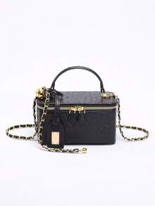1 pieza Bolso de caja con acolchado de diamantes bordado de PU de moda, bolso cuadrado pequeño versátil con cremallera, bolso de mano de mujer con correa de cadena - Negro - Ver 4