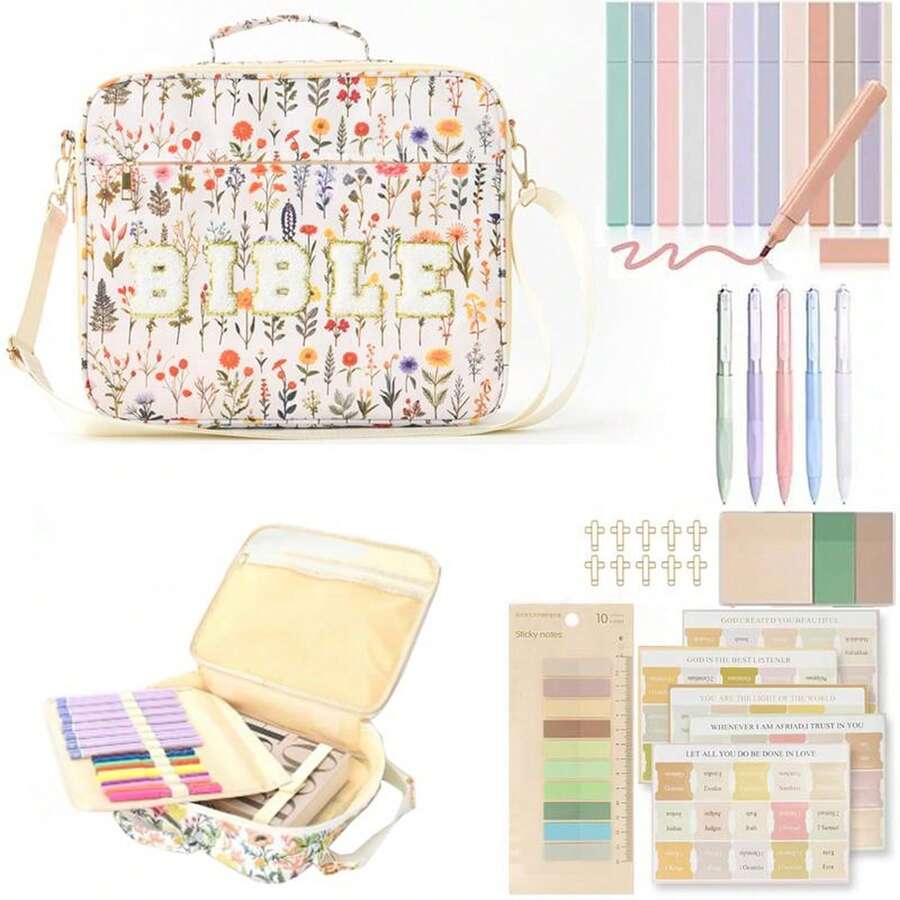 Bible Cover Case For Women Grils, Preppy Bible Bag With Adjustable Shoulder Strap, Waterproof Bible Carrying Tote Bags Holder For Bible Study Supplies Accessories & Christian Gifts - 白色小花 - 查看 1