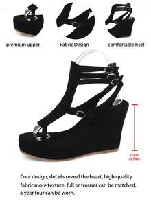 黑色绒面革优雅女士厚底高跟鞋 | 踝带设计，透气绒面革，四季皆宜，独特方头设计，时尚厚底坡跟穆勒鞋 - 黑色 - 查看 8