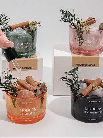 1 Stück Jasmin Aroma Diffuser Set, Kristall Aroma Stein, Jasmin Ätherisches Öl Diffuser, Duftstein Diffuser, Heim Aroma Set, Wohnzimmer/Schlafzimmer/Badezimmer Aroma Dekoration, Luftreiniger, Schlafhilfe, Glasbasis, Rosa/Orange/Grün, beinhaltet 1 Flasche Jasmin Ätherisches Öl