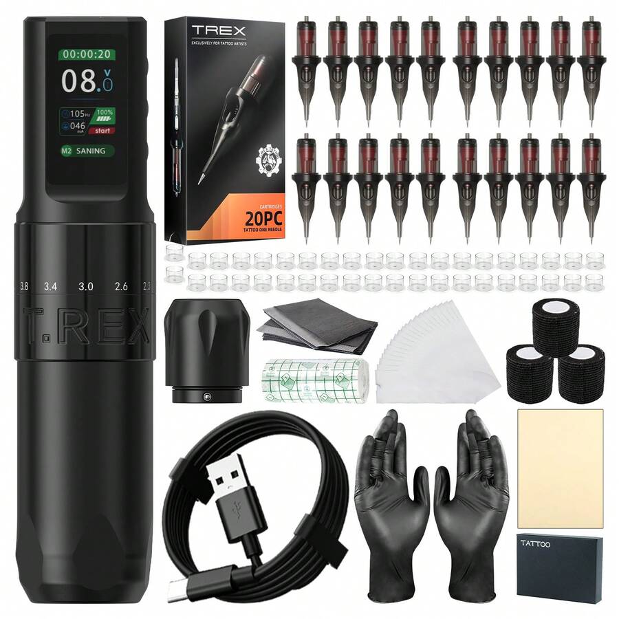 T-Rex 1 Set Tattoo Kit, Wireless Rotary Tattoo Pen Set, Adjustable 7-Liner Tattoo Machine, 1600mAh Power Supply, Smart Display - 彩色 - 查看 1