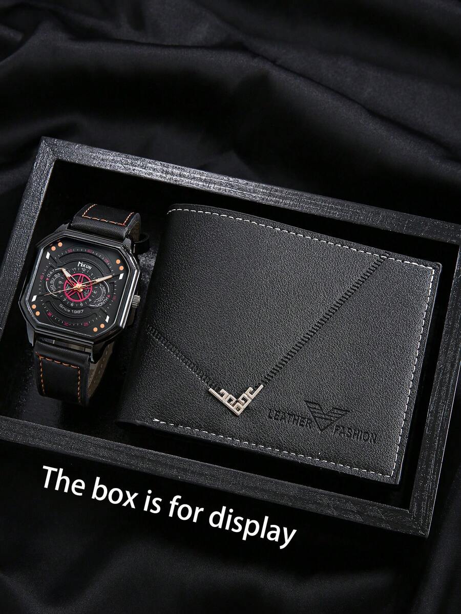 2pcs Men's Quartz Watch Set, Casual Stylish Cool Business Watch + Wallet Set, Suitable For Men's Daily Wear, Best Choice For Halloween, Christmas, Thanksgiving, Birthday Gifts For Friends And Family - Black - View 1