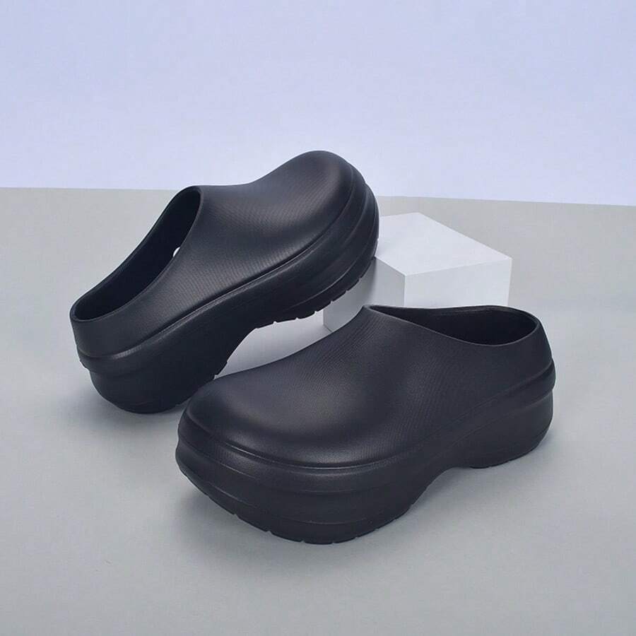 男士休闲拖鞋，情侣镂空厚底慵懒穆勒鞋，沙滩凉鞋，透气男士拖鞋，秋冬款 - 黑色 - 查看 1