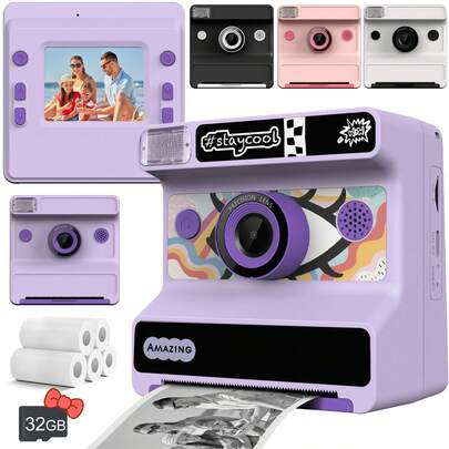 Kids Camera Instant Print,2-In-1 Social Media Gift: All-In-One Instant Camera For Adults & Kids With Zero-Ink Technology - Instantly Capture & Print 1080P HD Photos/Videos, Creative Filters & Stickers