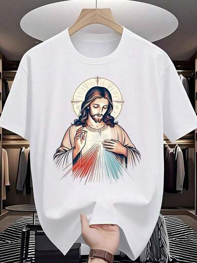 Tienda Local, Camisetas para Hombres, Camisas para Hombres, Ropa para Hombres, Camisetas de Algodón para Hombres, Camiseta para Hombre, Imagen, Camiseta de Algodón de 180g en Blanco y Negro, Patrón Impreso de la Divina Misericordia, Algodón Impreso de Alta Calidad, Cuello Redondo, Ajuste Básico Relajado, Unisex, Transpirable, Versátil, Lavable a Máquina, Cómodo, Tallas S ~ 3XL, Diario, Casual, Deportivo, Esencial de VeranoLeisure