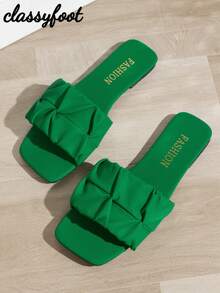 Wide Fit Women's Fashion Green Square Toe Flat Sandals With Pleats, PU Black Slides For Summer & Vacation Style - Army Green - View 4