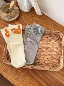 3 双随机猫和鸡蛋图案袜子，可爱卡通搞笑猫咪袜子男女通用 - 彩色 - 查看 12