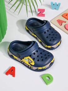 A Pair Of Summer Cartoon And Cute Printed Girls' Hole-Hole Slippers, Outdoor Silent And Anti-Slip, Street Casual Excavator Stickers, Boys' Hole-Hole Slippers, Comfortable And Soft Inside, Holiday Gifts - Navy Blue - View 1