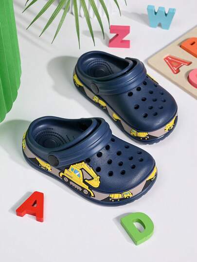 A Pair Of Summer Cartoon And Cute Printed Girls' Hole-Hole Slippers, Outdoor Silent And Anti-Slip, Street Casual Excavator Stickers, Boys' Hole-Hole Slippers, Comfortable And Soft Inside, Holiday Gifts