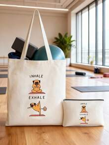瑜伽主题手提袋和化妆包套装 - 轻便大容量帆布包，印有瑜伽图案，可作瑜伽包、健身包、购物袋和书包使用，醒目的印花设计，是瑜伽馆促销礼品、瑜伽爱好者互赠礼物、送给姐妹和闺蜜的礼物、圣诞礼物、新年礼物的理想之选。