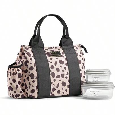YQQ Fit and Fresh Sanibel - Bolsa de almuerzo aislada para adultos con bolsa lateral y asas de transporte kit completo de almuerzo incluye 2 recipientes guepardo L2179