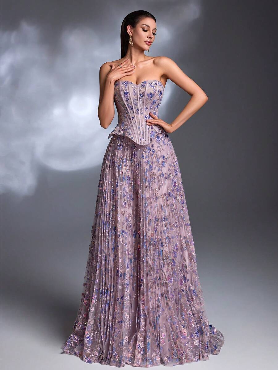 AMILUCK New Elegant Luxury Heavily Sequined & Beaded Lace Strapless Mermaid Hem Layered Ruffle Maxi Dress, Suitable For Formal Evening Gala, Party, Red Carpet, Wedding Guest Spring
