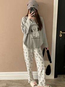 2pcs Women Gray Long Sleeve Pajama Set, Loose Fit White Puppy Print Loungewear - Grey - View 7