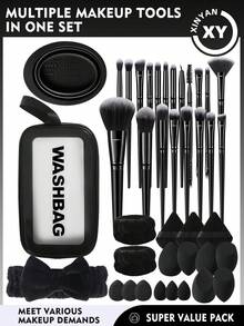 40PCS Makeup Tools Set Including:20PCS Makeup Brush Set+1pc Multi-Functional Zipper Toiletry And Cosmetic Bag Waterproof+6PCS Makeup Sponges+3PCS Mini Makeup Sponges+3PCS Triangle Powder Puffs+3PCS Mini Air Cushion Powder Puffs+1pc Hairband+2PCS Hand Bowl Strap+1pc Makeup Brush Cleaning Tools - Black - View 1