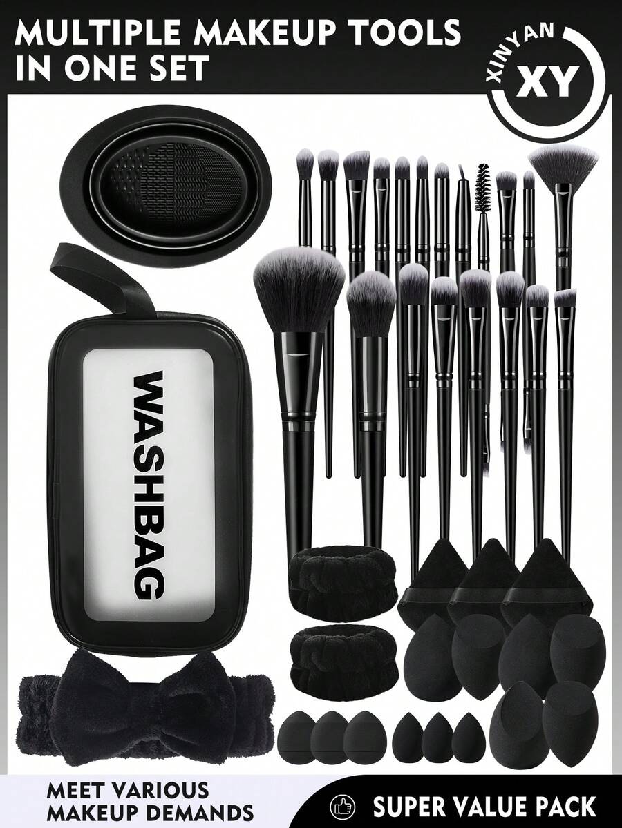 40PCS Makeup Tools Set Including:20PCS Makeup Brush Set+1pc Multi-Functional Zipper Toiletry And Cosmetic Bag Waterproof+6PCS Makeup Sponges+3PCS Mini Makeup Sponges+3PCS Triangle Powder Puffs+3PCS Mini Air Cushion Powder Puffs+1pc Hairband+2PCS Hand Bowl Strap+1pc Makeup Brush Cleaning Tools - Black - View 1