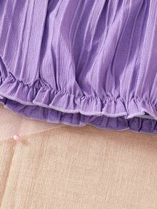 Young Girls Vacation Fuchsia Open Shoulder Puff Sleeve Top + Ruffle High Waist Skirt 2Pcs Set, Sweet And Playful, Suitable For Vacation, Travel And Beach Party, Fits Girls Aged 4-7, Spring/Summer - Purple - View 4