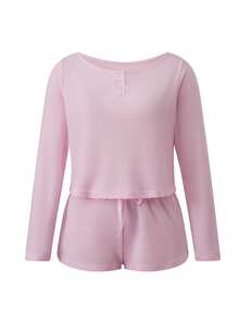 Women Fall Pajama Set Solid Long Sleeve Crop Tops And Elastic Waist Mini Shorts 2 Piece Lounge Outfit - 白色 - 查看 2