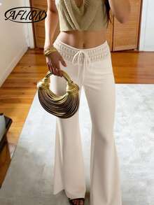 Aflion Quần ống loe cạp cao màu mơ dệt kim mới cho nữ mùa xuân/hè, chất liệu nhẹ, thoáng khí, kiểu dáng retro bohemian, thích hợp mặc đi biển. - Màu be - Xem 8