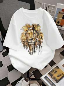PLUS SIZE Lion Graphic Print Casual White TShirt Premium Cotton, Loose Fit, Comfort Fit, Casual, Graphic Design, New Arrival - White - View 2
