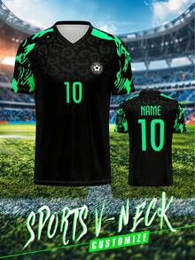 Camisa esportiva personalizada 2025, modelo masculino com decote em V, ideal para treinos de times de futebol, com nome, número e logo personalizados na frente e nas costas. Confortável e perfeita para uso casual, festas e no dia a dia.