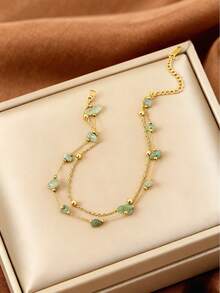 1pc Natural Stone Stainless Steel Anklet For Women, Beach Foot Jewelry (Note: Asymmetrical Stones, Varying Stone Size And Color, Handmade Chain Length And Bead Count May Differ) - Double Anklet - View 3