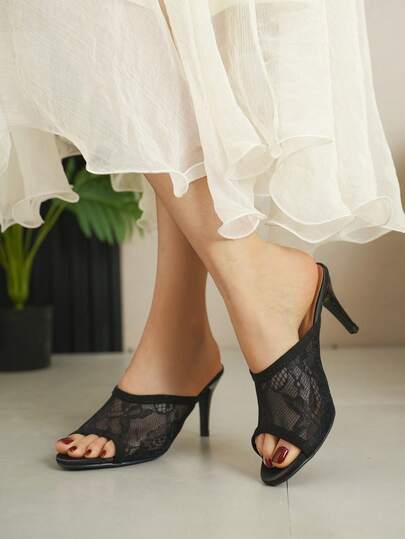 รองเท้าแตะส้นสูงตาข่ายสีดำระบายอากาศได้ดี, รองเท้าแตะแบบสวมเปิดนิ้วเท้า, แฟชั่นเซ็กซี่ใส่ได้หลากหลายโอกาส