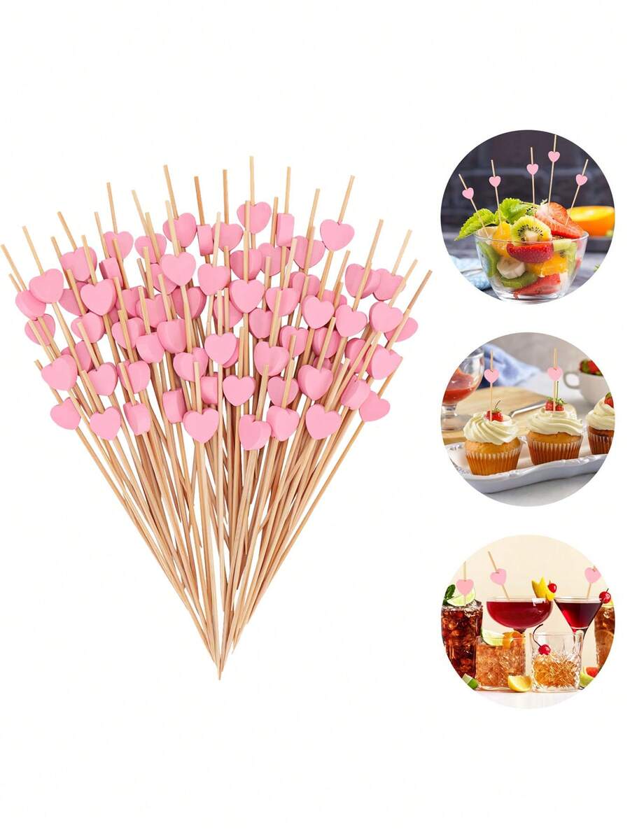 100 chiếc tăm tre hình trái tim màu hồng, tăm xiên cocktail hình trái tim dùng cho món khai vị, tăm tre dài trang trí ngày Valentine, đám cưới, tiệc sinh nhật (hình trái tim màu hồng) - Màu Hồng baby - Xem 1