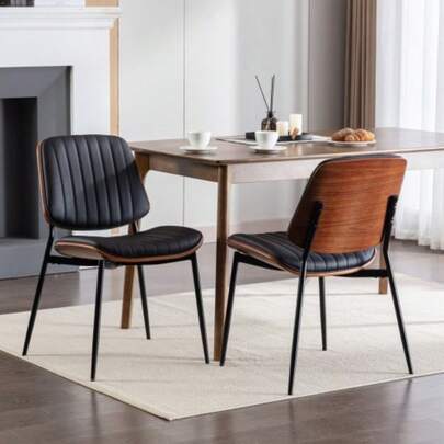 Dining Chairs Set Of 2 Mid Century Modern Retro Faux Leather Chair With Walnut Bentwood Back Upholstered Seat Metal Legs Adjustable Foot For Kitchen Dining Room Chairs(Black PU),DE1849BK