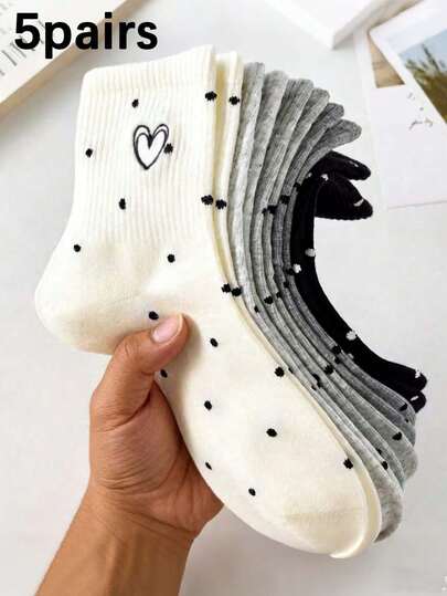 1/5 Pairs Women Heart & Polka Dot Pattern Mid-Calf Socks - Minimalist, Comfortable, Casual, Suitable For Daily Wear, Home, Back To School Season, Spring/Summer