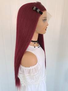 Peluca rojo borgoña para disfraz de Halloween, peluca sintética frontal de encaje lista para usar, peluca sin pegamento con parte frontal de encaje previamente desbrozada de 13x4 pulgadas, peluca frontal de encaje HD recta de 26 pulgadas 99j borgoña para mujeres - Burdeos - Ver 7