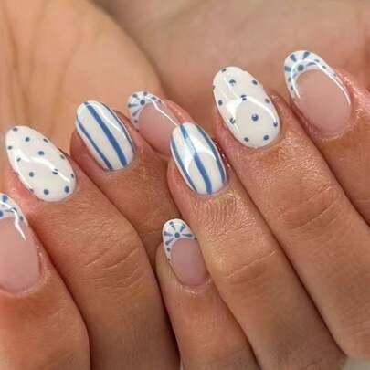 24pcs Oval Polka Dot French Style Acrylic Press-On Nails, Perfect Fit, Set Includes: 1pc Jelly Gel And 1pc Nail File. Short Polka Dot Nails Make Your Fingertips Shine Brilliantly, Suitable For Parties, Dancing And Daily Use. Nail Supplies