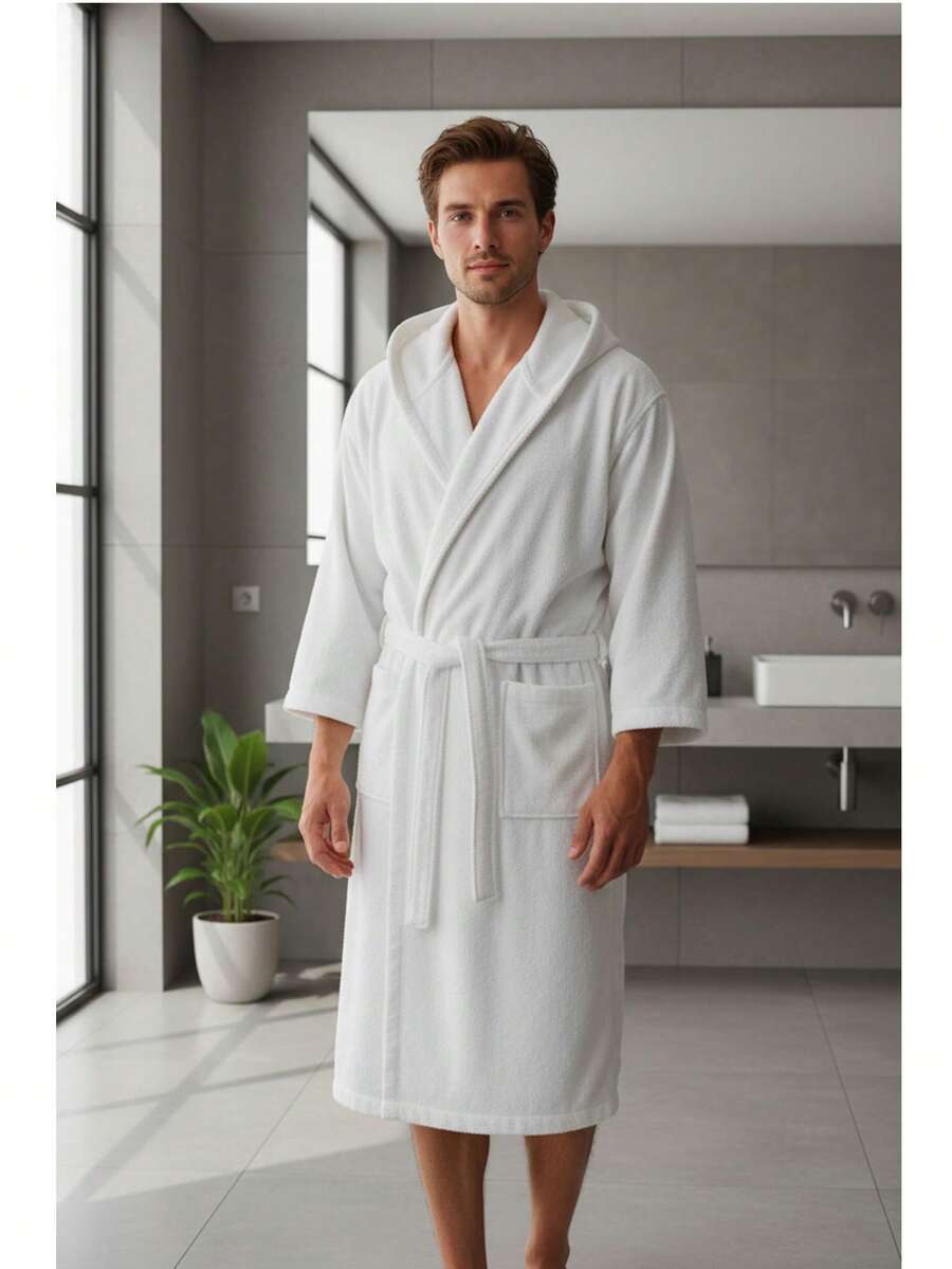 Short Sleeve 100% Cotton Hooded Bathrobe - S/M/L/XL/XXL - Made In Turkiye - White - View 1