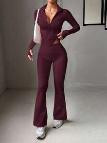 Conjunto de 2 piezas para mujer Aoqta, top con cremallera de manga larga de unicolor y pantalones ajustados de cintura alta, adecuado para actividades al aire libre, correr y yoga - Burdeos - Ver 4