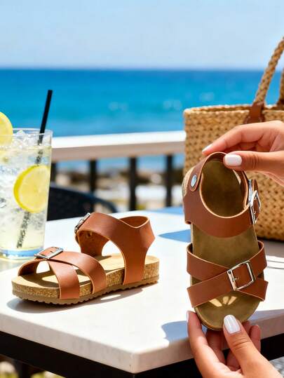 1 Pair Girls' Brown Leather Metal Buckle Criss-Cross Adjustable Ankle Strap Soft Cork Sole Non-Slip Flat Sandals, Birkenstocks Style Children Shoes With Retro Texture, Suitable For Summer Daily And Outdoor Activities