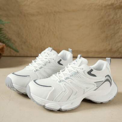 Women's New Casual Sneakers, Breathable Mesh Thick Sole Platform Wedge Heel Lace-Up Lightweight Versatile Fashion Sneakers, White/Gray, Suitable For All Seasons, Athleisure Shoes