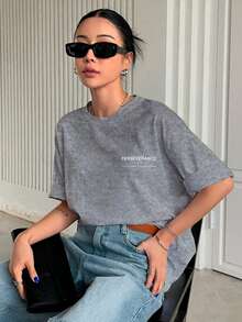 T-Shirt With "Perseverance" Print Lettering. Minimalist, Casual, Modern, Sophisticated, Simple, Basic, Summer, Oversized. - Grey - View 6