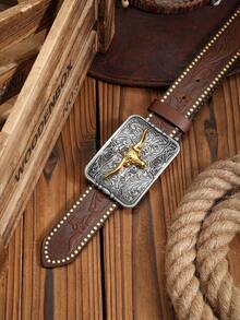 1pc Western Style Bull Head Buckle PU Embossed Belt With Rivet Design, Vintage & Personalized (Hole Puncher Included) Halloween, Casual, Business, Street,   Boho, Western, Outdoor, Gift For Men, Husband, Boyfriend, Father, Dad, Christmas - As Shown - View 21