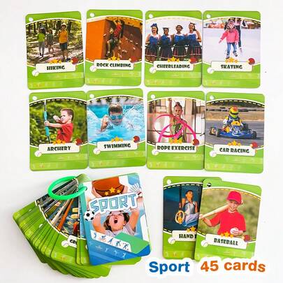 Preschool Sports Learning Flash Cards (45Pcs) - Kids Sports Vocabulary & Fun Facts Recognition Cards Physical Activity Educational Flashcards