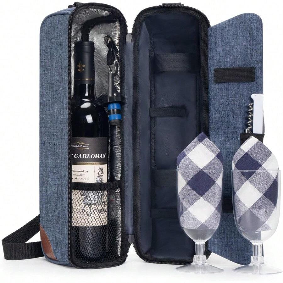 ALLCAMP - Bolsa de vino aada con copas de vino abridor de botellas y accesorios de vino para amantes del vino bolsa de regalo portátil para viajes picnic e ideas de regalo azul - Azul - Ver 1
