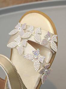 可调节绑带女童凉鞋，闪亮蝴蝶结设计，适合儿童节 - 金色 - 查看 6