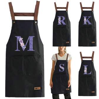 Versatile Black Apron With Letter Floral Design Stain-Resistant Oil-Proof Adjustable Fit For Men And Women 2 Spacious Convenient Pockets Perfect For Cooking Bbq Coffee Bars Milk Tea Shops & Restaurants Initial Name 26 Letters Pattern