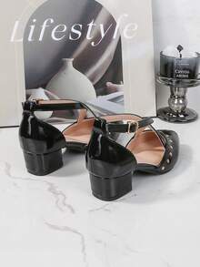 Teens Party High Heels, Fashionable Princess Pointed Toe Chunky Heel Pumps, Rivet Decor Stage Performance Gala Elegant High Heel Shoes - Black - View 6