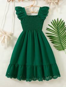 Tween Girls' Solid Color Shirred Floral Ruffle Hem Casual Dress - Green - View 3