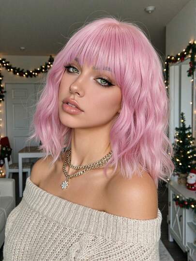 Pink Bobo Wig, Women's Curly Wave Wig With Bangs, Short Heat-Resistant Synthetic Wig, Suitable For Party Costumes And Daily Wear, Colored Wig