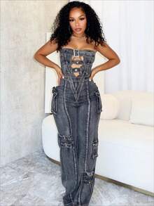 Women's Denim Jumpsuit Women's Fashion Spice Girl Tube Top Multi-Pocket Overalls - 黑色 - 查看 4