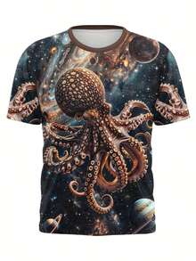 Men'S 3D Print Cosmic Octopus T-Shirt - Vibrant Space-Themed Design With Planets & Stars, Breathable Short Sleeve Crew Neck, Machine Washable, Durable Digital Print, Perfect For Casual Wear & Artistic Festivals, PLUS SIZE - Màu sắc hỗn hợp - Xem 4
