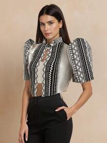 Amyenjoylife Modern Filipiniana Top,Butterfly Sleeves Filipiniana,1 Piece Of Women's Embroidery Spliced Bubble Sleeve Top - Black and White - View 1