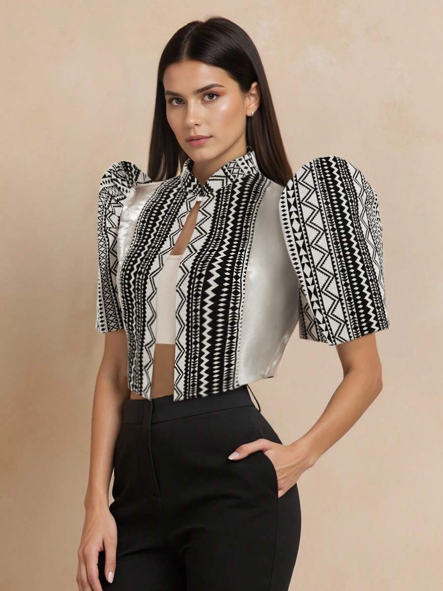 Amyenjoylife Modern Filipiniana Top,Butterfly Sleeves Filipiniana,1 Piece Of Women's Embroidery Spliced Bubble Sleeve Top - Black and White - View 1