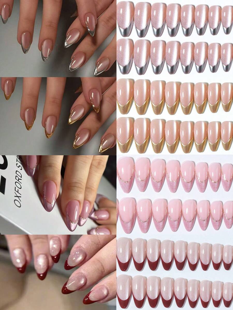 96 piezas (4 estilos surtidos) Pegatinas de uñas de gel 3D en forma de almendra hechas a mano, pueden crear uñas francesas de ojo de gato en dorado, plateado y rojo, tiras de uñas francesas plateadas, la forma de almendra se ajusta perfectamente, kit de uñas postizas acrílicas que incluye: 1 gel de gelatina y 1 lima de uñas, uñas de ojo de gato y uñas francesas en forma de almendra, adecuado para el trabajo diario, festivales y fiestas de las mujeres, suministros de uñas